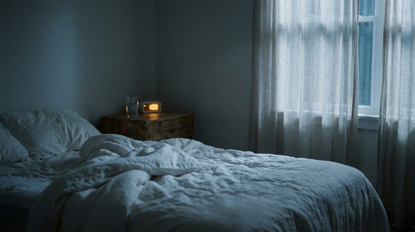 A dim bedroom at night: duvet kicked back on an empty bed, a glass of water on the nightstand, moonlight through a gauzy curtain.